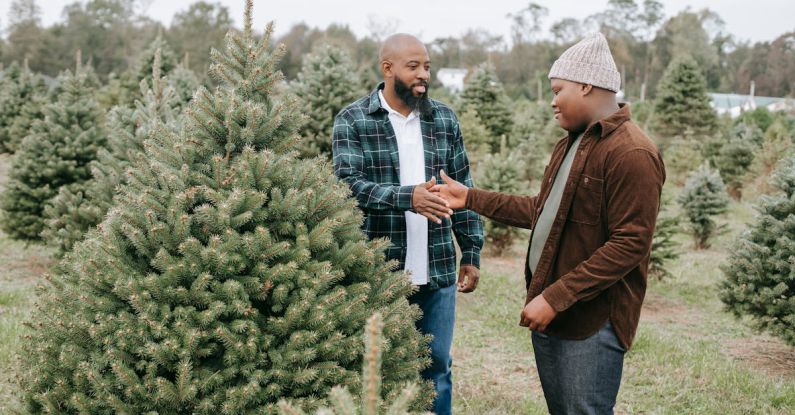 Holiday Deals - Cheerful African American dad clapping had of teenage son while standing in farm with Christmas trees